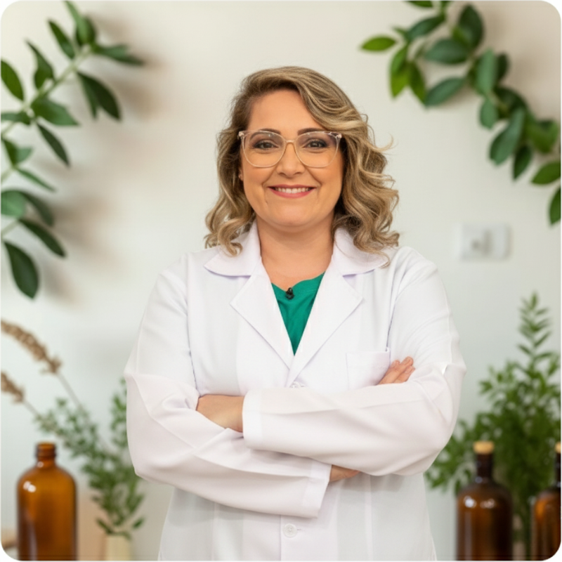 Fernanda Honorato sorrindo com jaleco branco, em cenário natural com folhas e frascos âmbar, especialista em perfumes naturais.