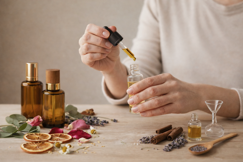Mulher preparando perfumes naturais com óleo essencial e ingredientes naturais sobre a mesa